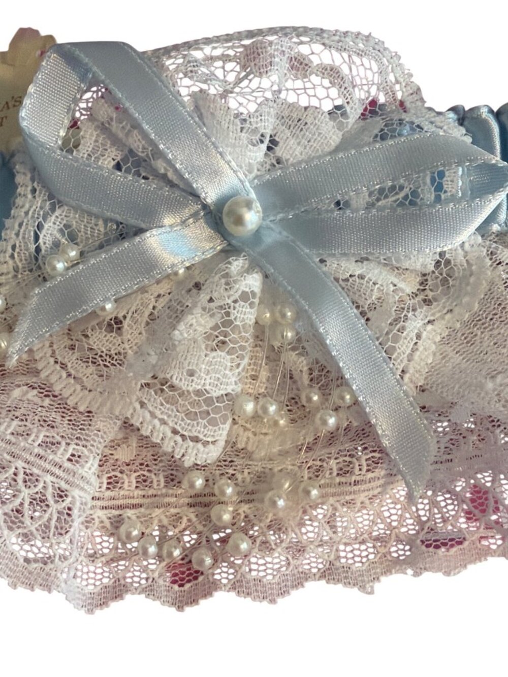 Vintage Victoria's Secret Blue White Lace Bridal Garter Faux Pearls Wedding NWT - Picture 2 of 6